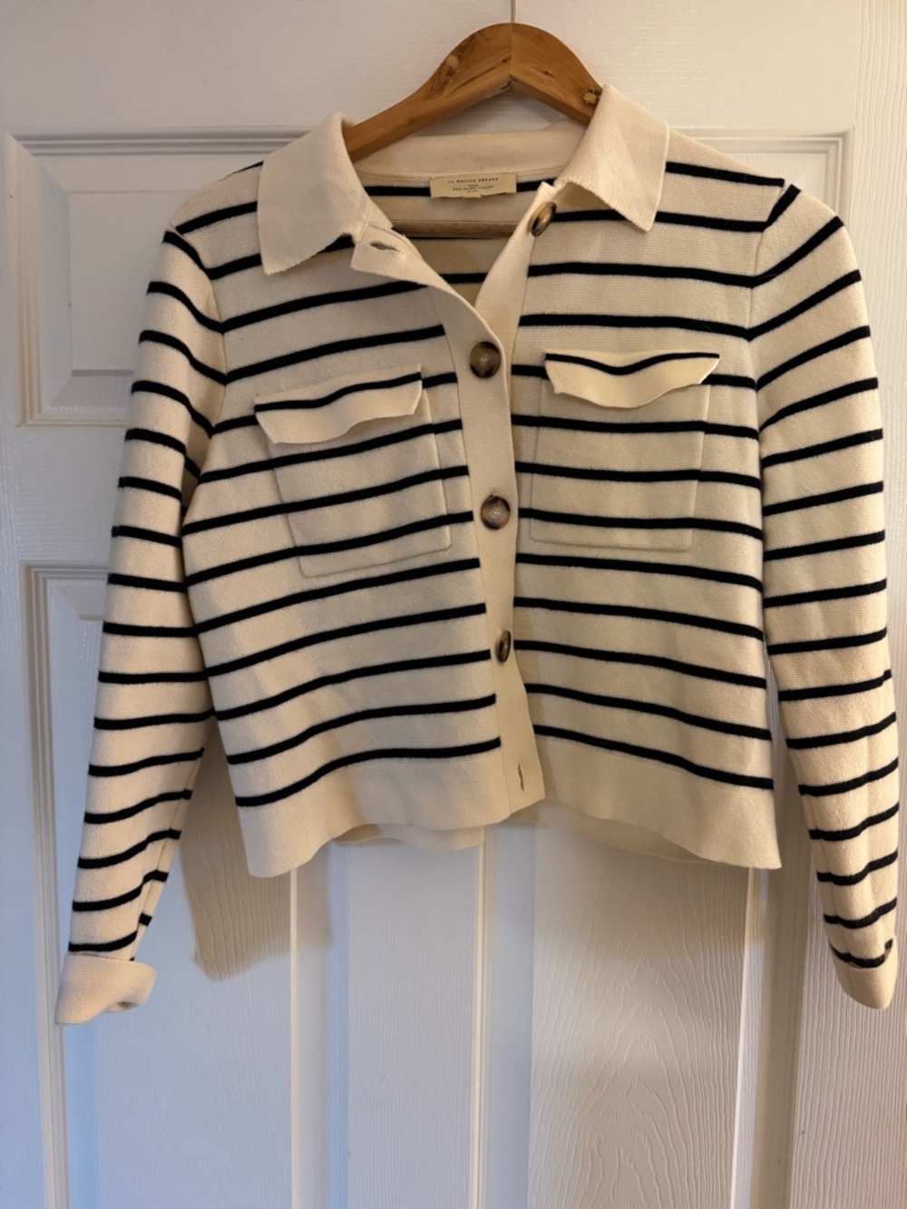 Sezane Cream and Navy Striped Knit Cardigan